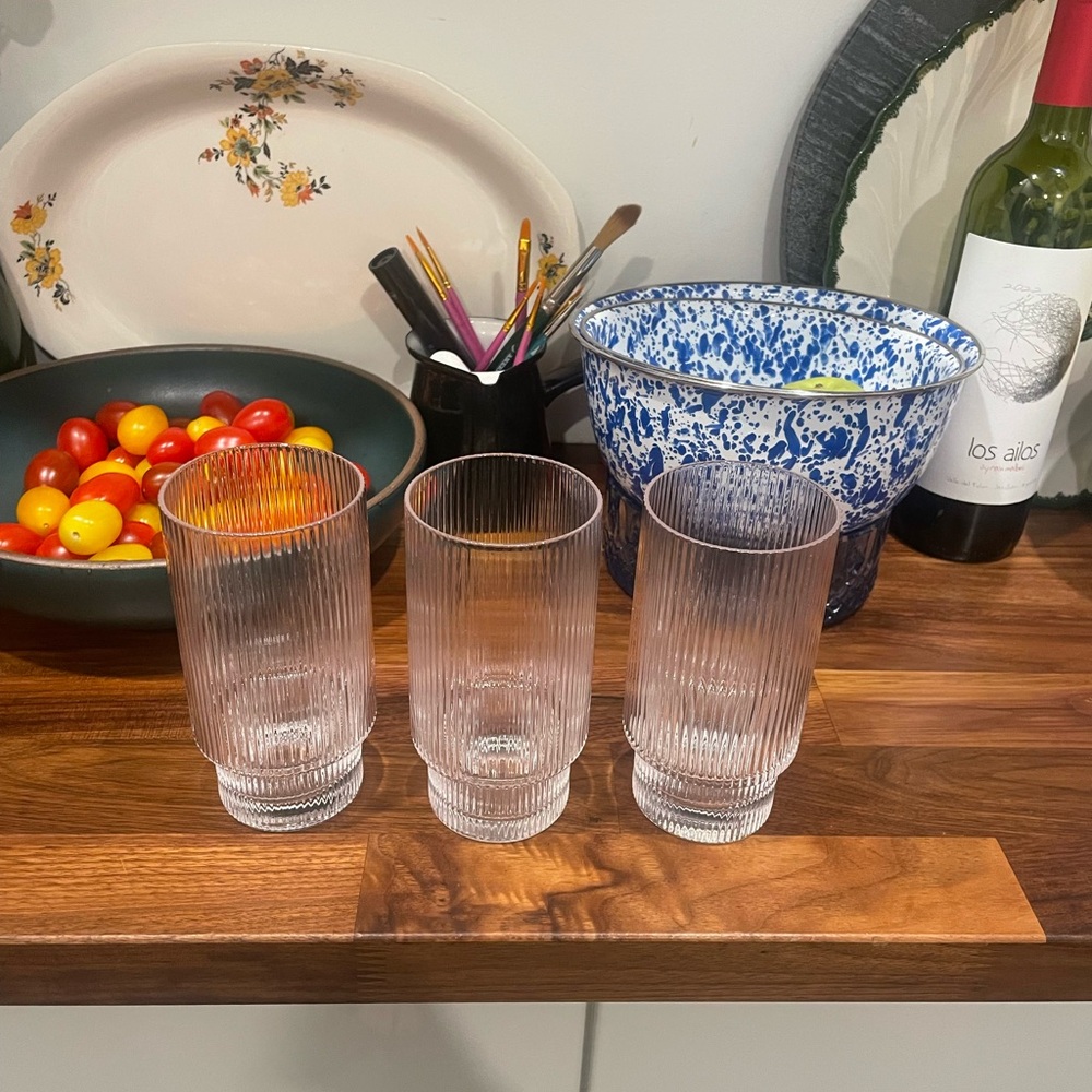 Set of 3 Tall Ribbed Collins / Highball Drinking Glasses Retro Barware Tumblers